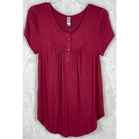 NWT Amclos Medium Short Sleeve Maroon Top Flowy Buttons Stretchy - Picture 3 of 7